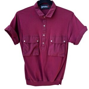 Peter B Vintage 70s Burgundy Utility Polo Shirt Cargo Pockets Banded Hem Small